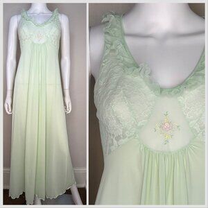 Vintage 1970s Sheer Pastel Green Nightgown, Floral Embroidery, Shadowline XS/S